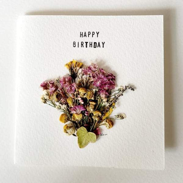 Handmade Happy Birthday 'Limonium and Chamomile' Pressed Flower Greeting Card 