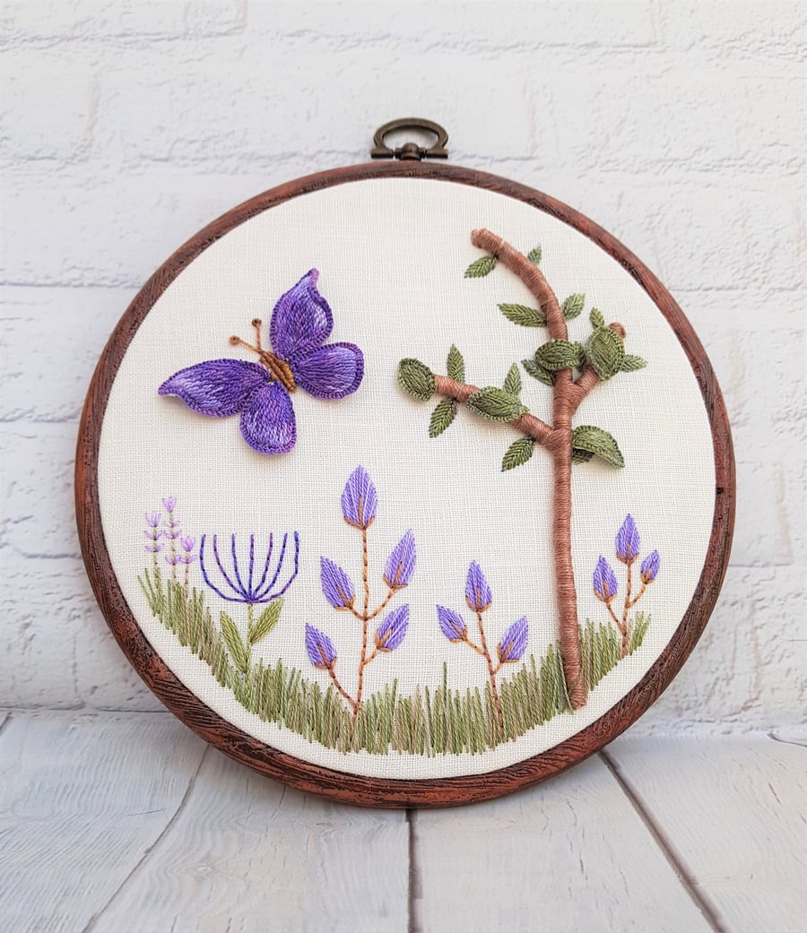 Butterfly and Tree Stumpwork 3D Hand Embroidery Hoop