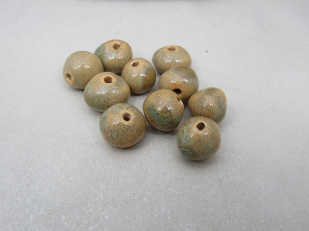 10 Small Old Gold Glazed Clay Beads