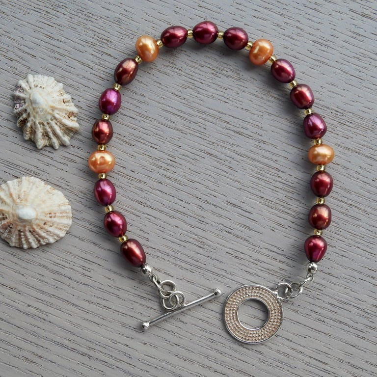 Dark Red and Orange Pearl Bracelet with Sterling Silver Toggle Clasp