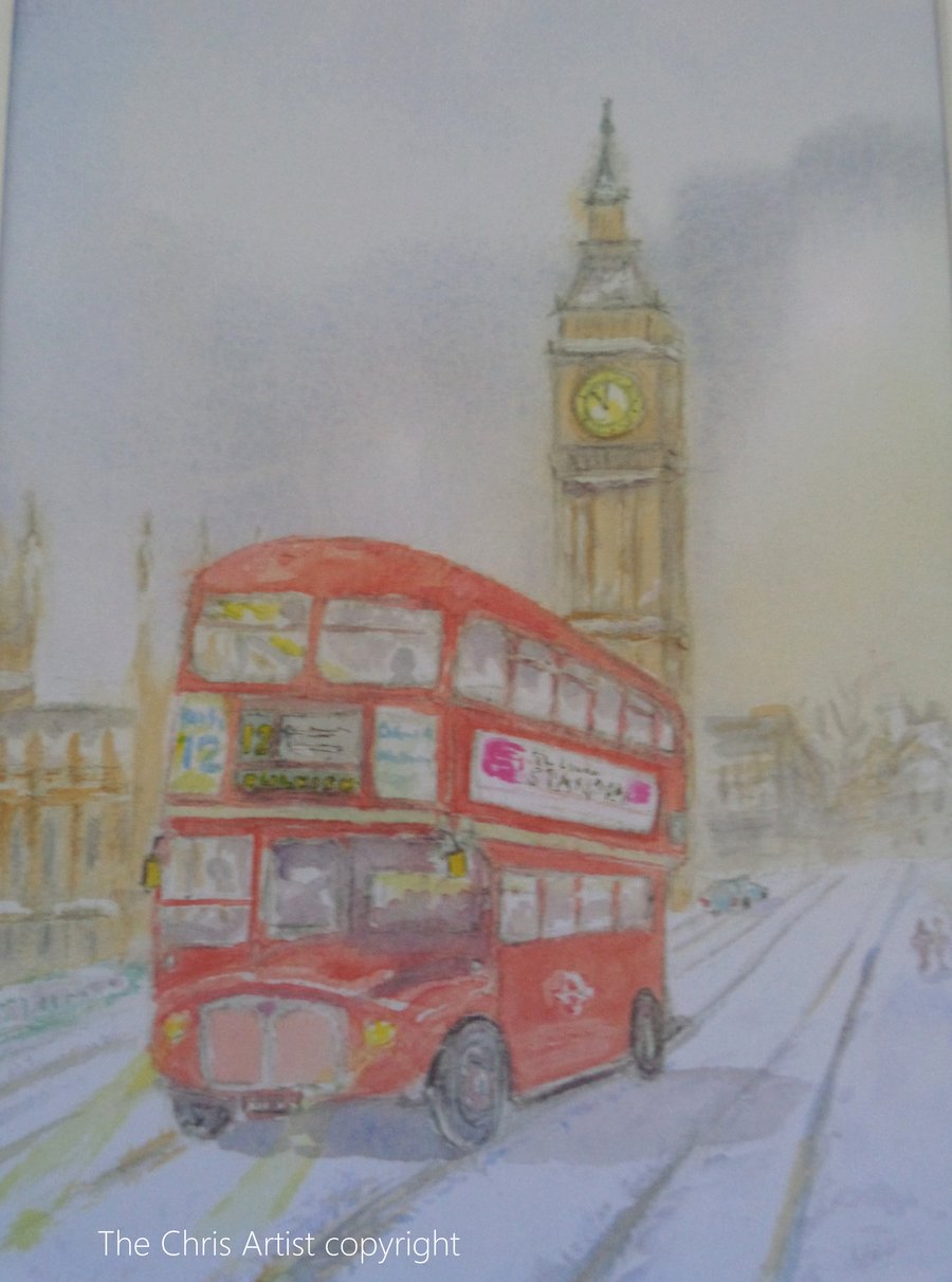 Art print Routemaster London bus winter scene from original watercolour