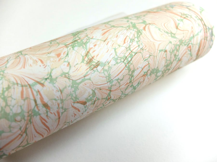 Peach gold green A4 Marbled paper sheet double marbled drawn stone pattern 