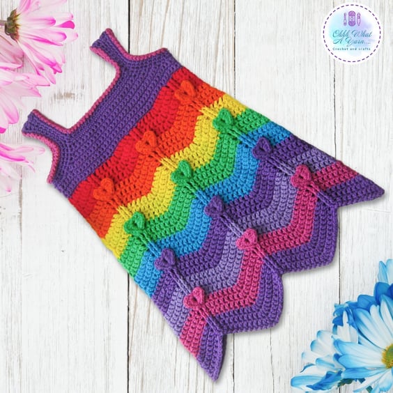 Rainbow zig zag and hearts baby dress. Crochet dress. Sun dress. 12-18 months