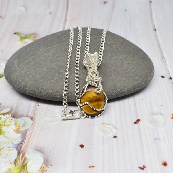 Tigers Eye Wire Wrapped Silver Plated Pendant