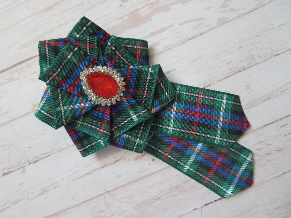 Rose Tartan Ruffle Rosette Mini Brooch Pin  