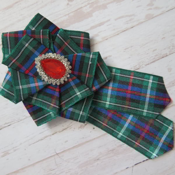 Rose Tartan Ruffle Rosette Mini Brooch Pin  