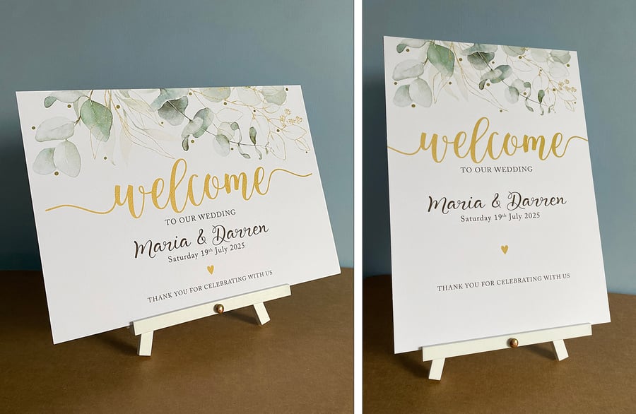 Eucalyptus leaves greenery WELCOME to the WEDDING sign table decor foliage