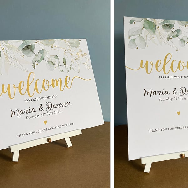 Eucalyptus leaves greenery WELCOME to the WEDDING sign table decor foliage