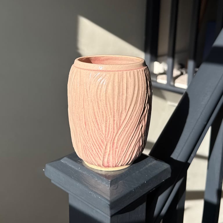 Handmade pink carved textured stoneware ceramic vase for dried or fresh flowers