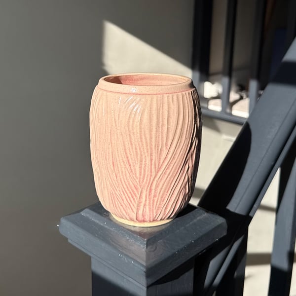Handmade pink carved textured stoneware ceramic vase for dried or fresh flowers