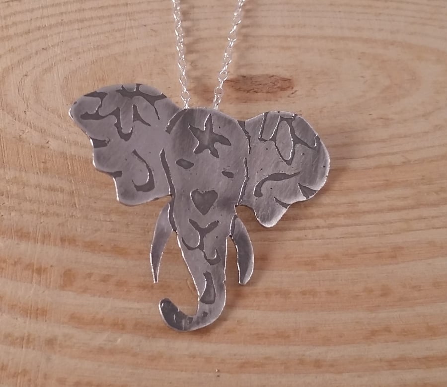 Sterling Silver Etched Sugar Skull Elephant Necklace