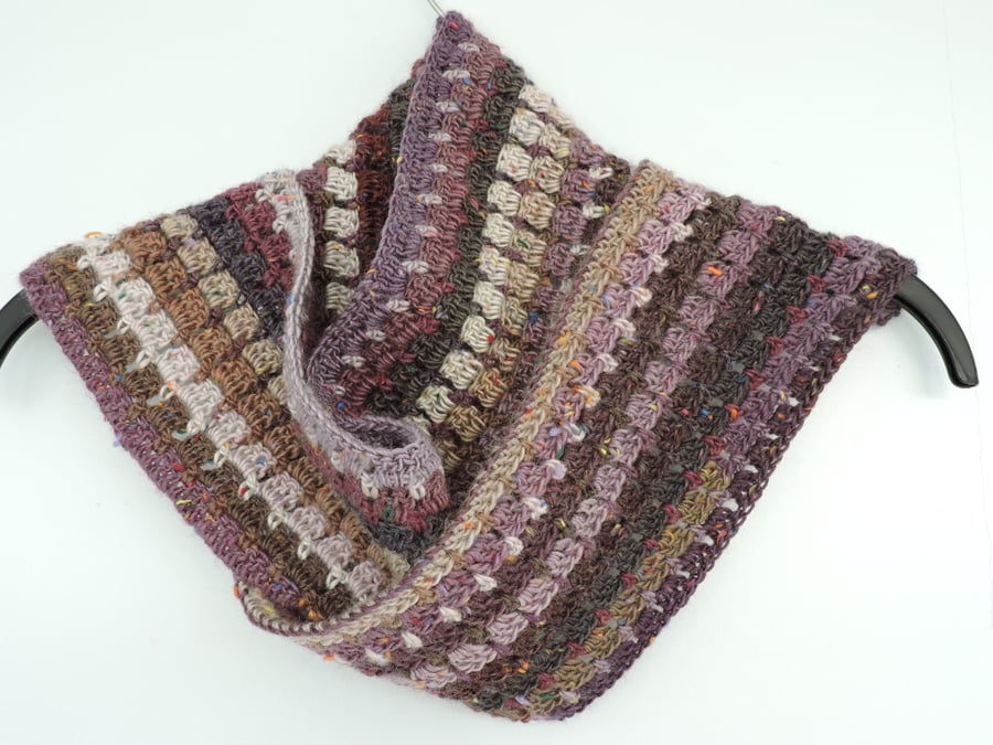Crochet Scarf with Heather Mushroom Pearly Grey Charcoal Aubergine