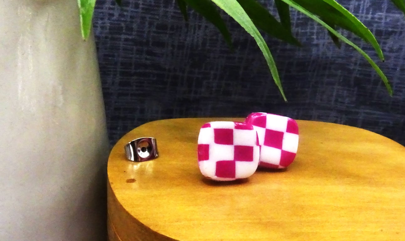 Pink & White Checkered Square Stud Earrings