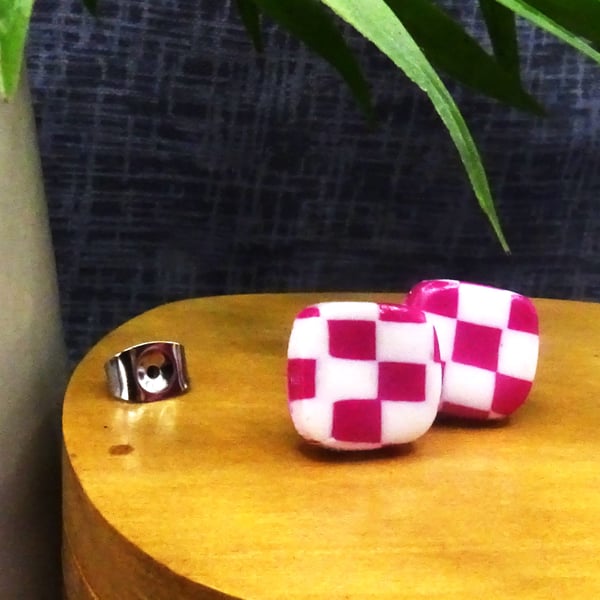 Pink & White Checkered Square Stud Earrings