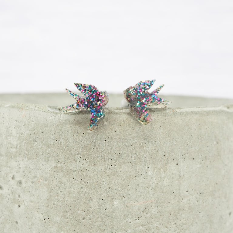 Titanium posts - Mini Mixed glitter swallow bird stud earrings - Hypoallergenic