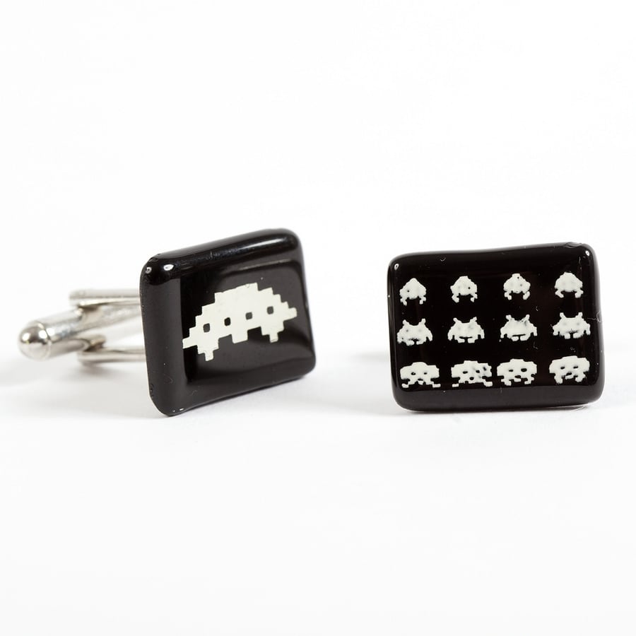 Computer Game Alien Cufflinks Fused Glass with Screen Printed Kiln Fired Enamel