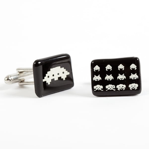 Computer Game Alien Cufflinks Fused Glass with Screen Printed Kiln Fired Enamel