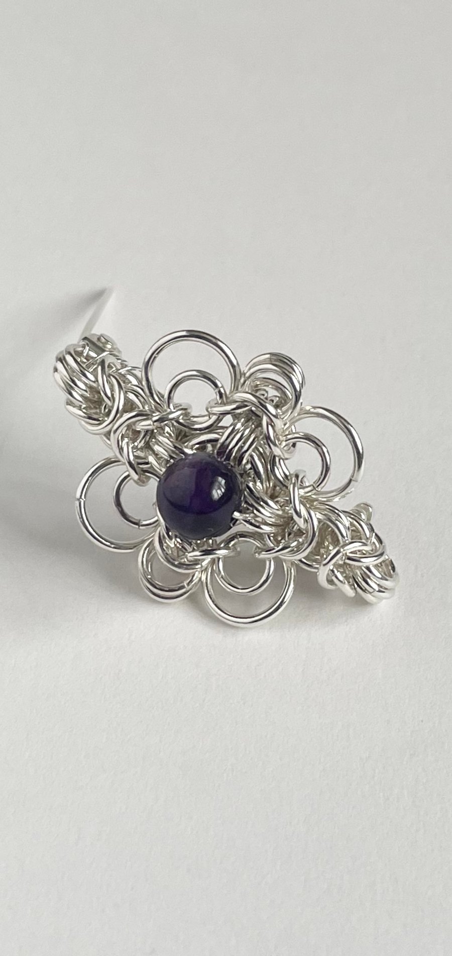 Sterling Silver Chainmaille Amethyst Ladies Brooch