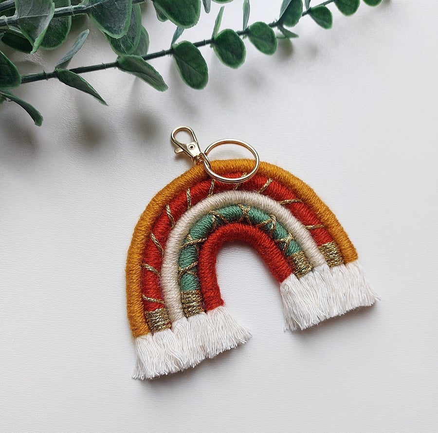 Macrame copper gold rainbow key chain bag charm. Gift for girls, stocking fille