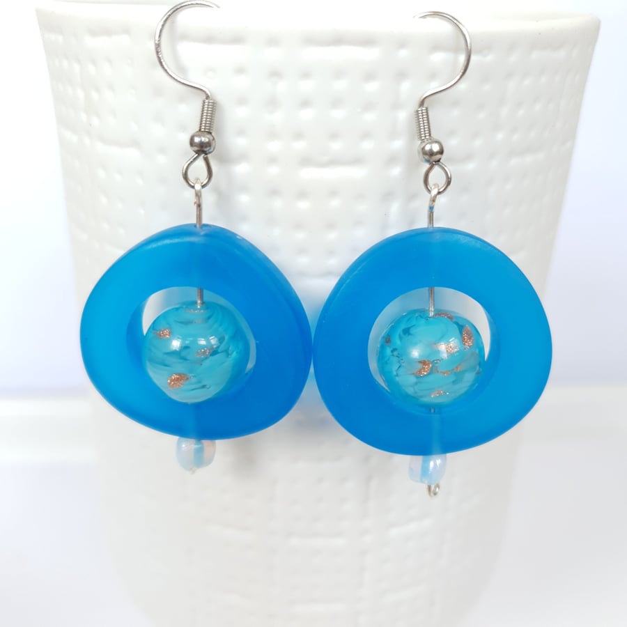 Colourful Boho Dangle Earrings Bright Blue Acrylic & Murano Bead Drop Earrings
