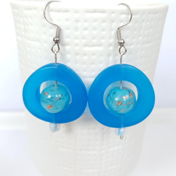 Colourful Boho Dangle Earrings Bright Blue Acrylic & Murano Bead Drop Earrings