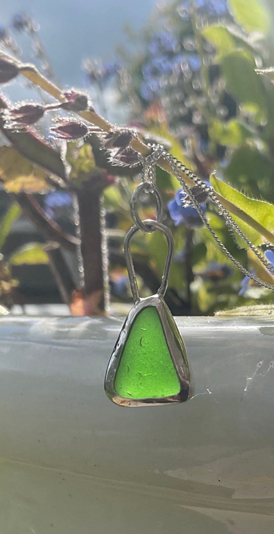 Vibrant green seaglass and silver pendant