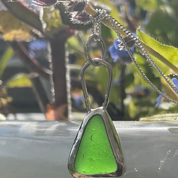 Vibrant green seaglass and silver pendant