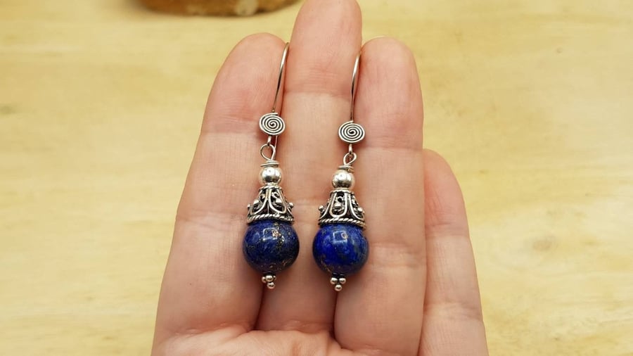 Lapis lazuli cone earrings. Reiki jewellery uk. September birthstone
