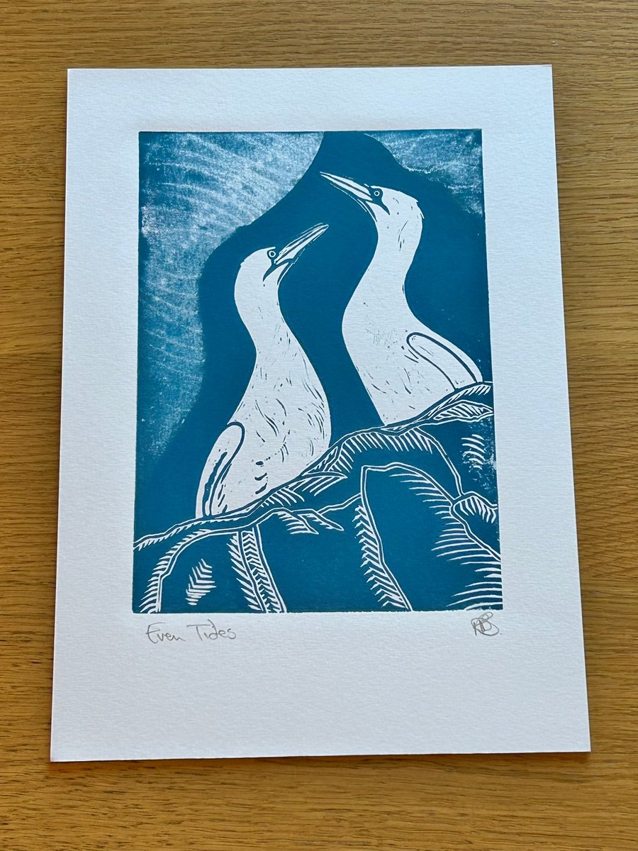 'Even Tides' Gannet birds linoprint. Hand printed original. Blue ink on A4 card.