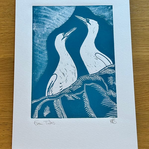 'Even Tides' Gannet birds linoprint. Hand printed original. Blue ink on A4 card.