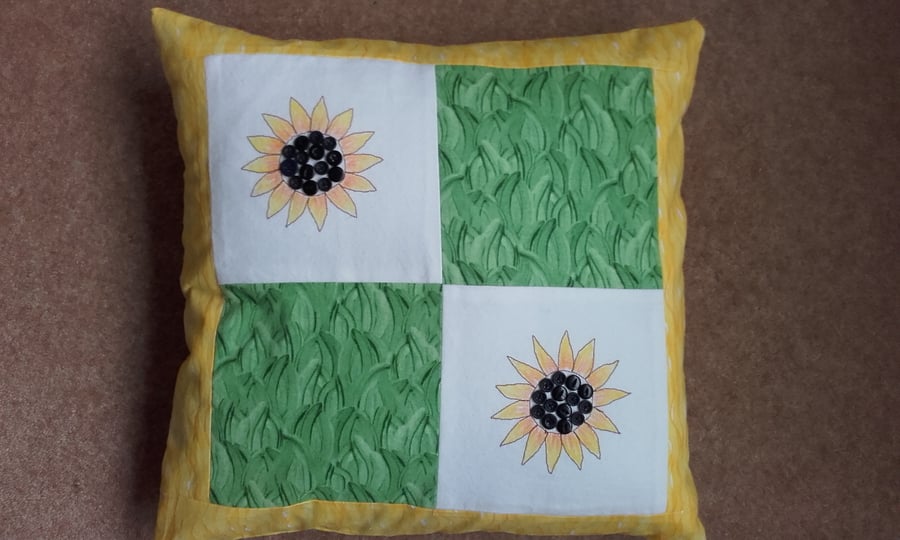 sunflower cushion cover, patchwork cushion cover with sunflowers & button seeds