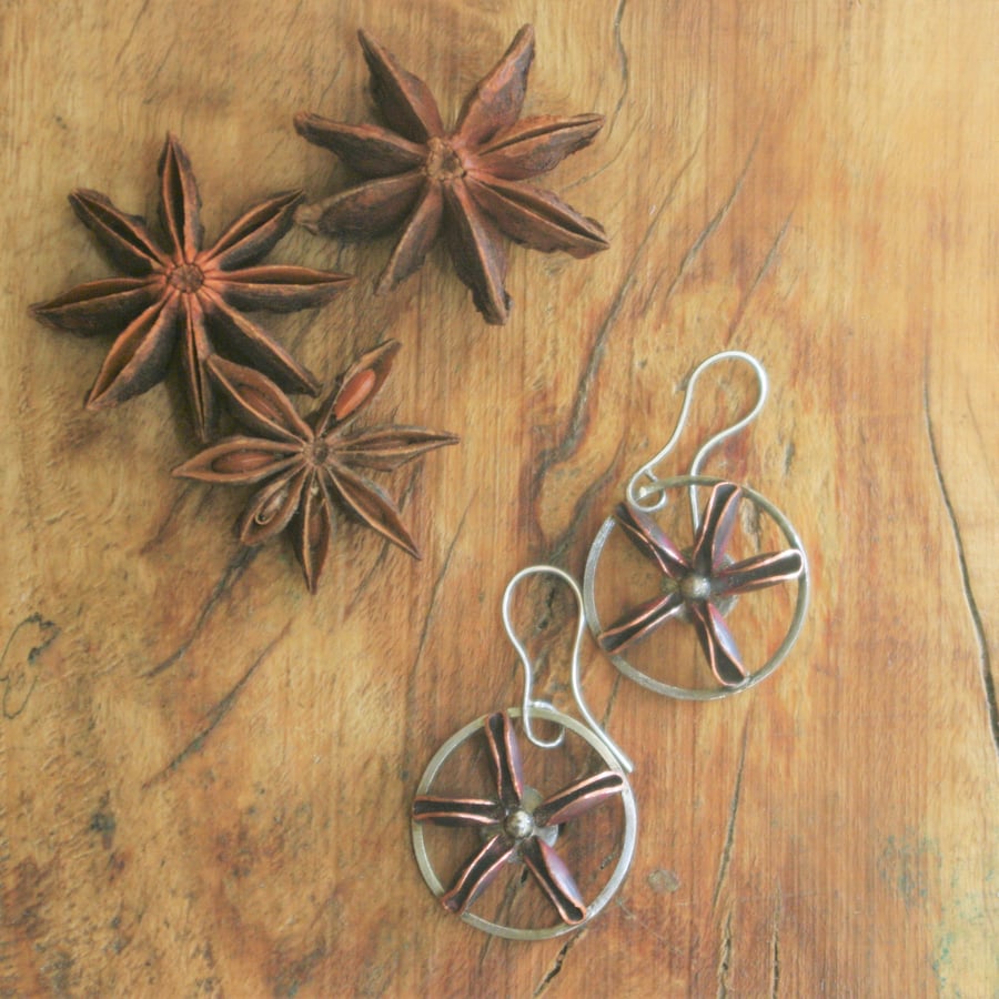 Star Anise Silver and Copper Dangle Earrings