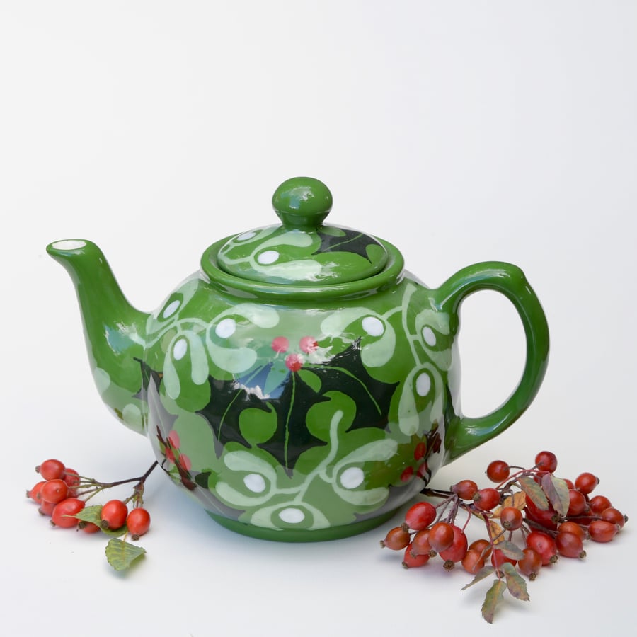 Christmas Holly and Mistletoe Teapot