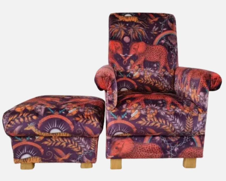 Emma J Shipley Zambezi Velvet Chair & Footstool Red Wine Adult Armchair Animals