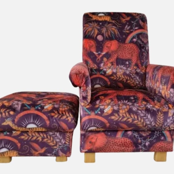Emma J Shipley Zambezi Velvet Chair & Footstool Red Wine Adult Armchair Animals
