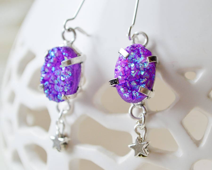Purple Druzy Agate and Silver Star Earrings
