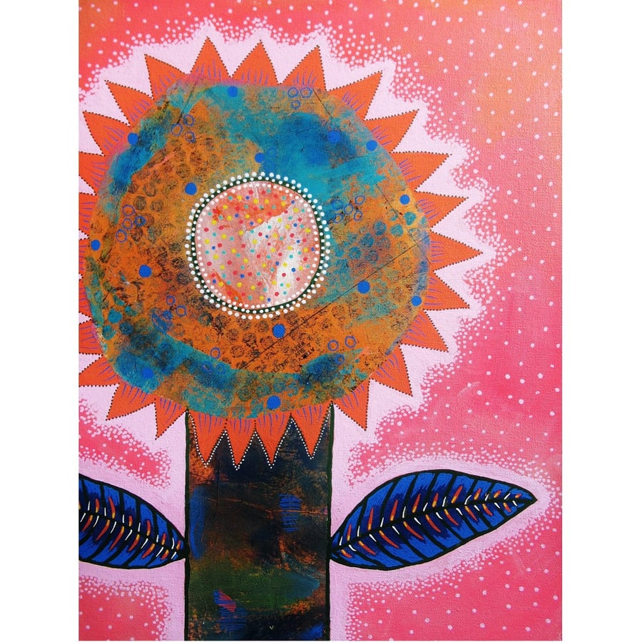 Colourful Abstract Sunflower Painting Pink Floral Artwork Bright Botanical Art
