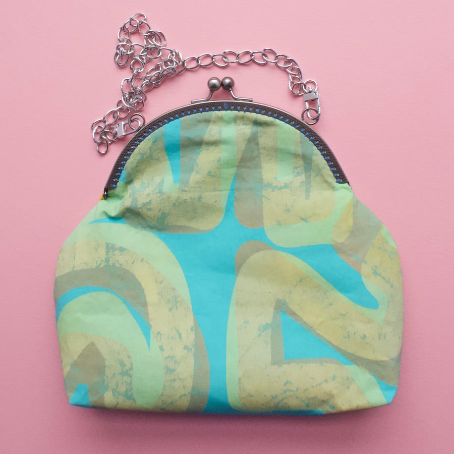 Hand painted fabric large purse or small hand bag - green and turquoise