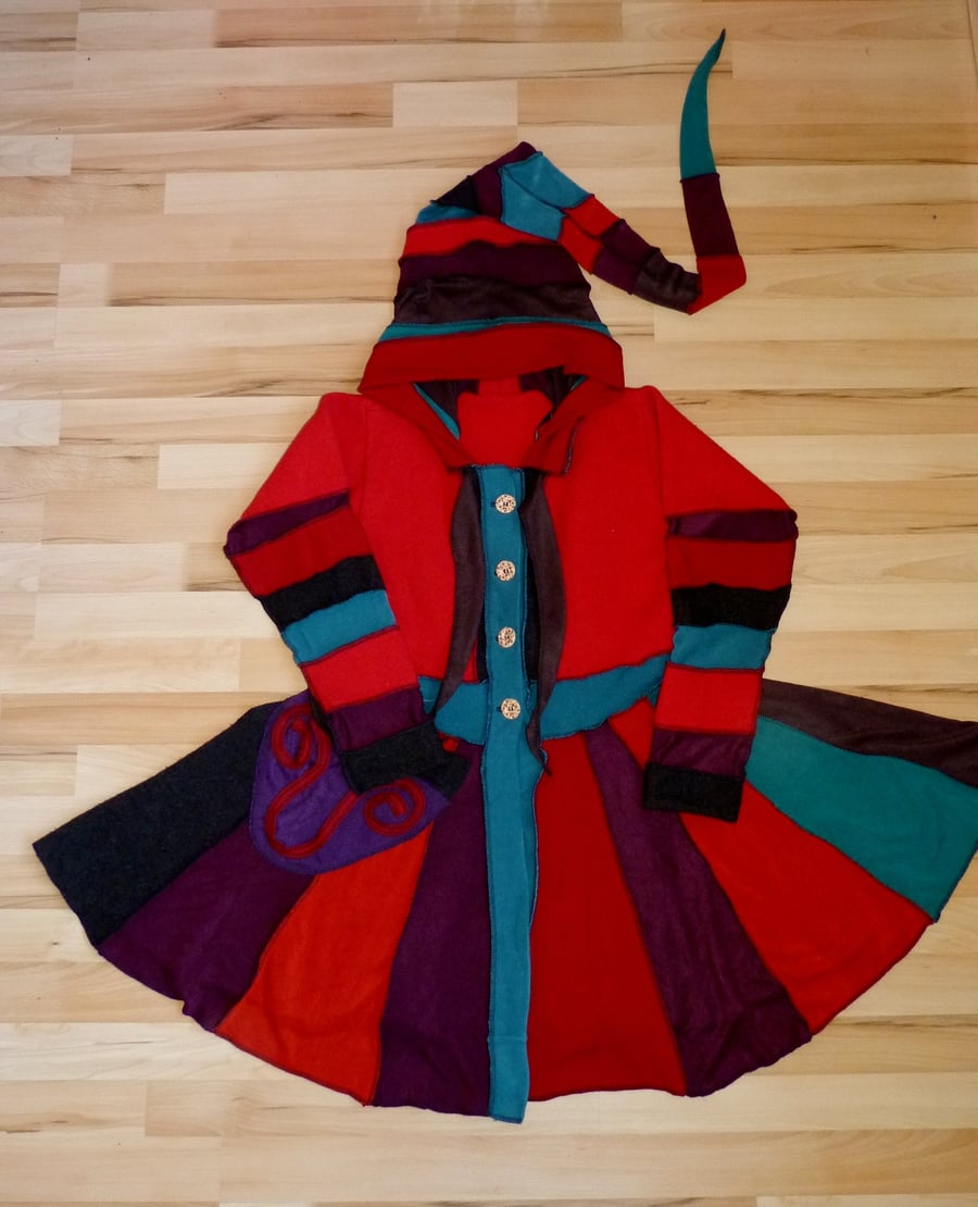 Clearance Sale. Upcycled Sweater Coat in Red Purple and Brown with Hood.