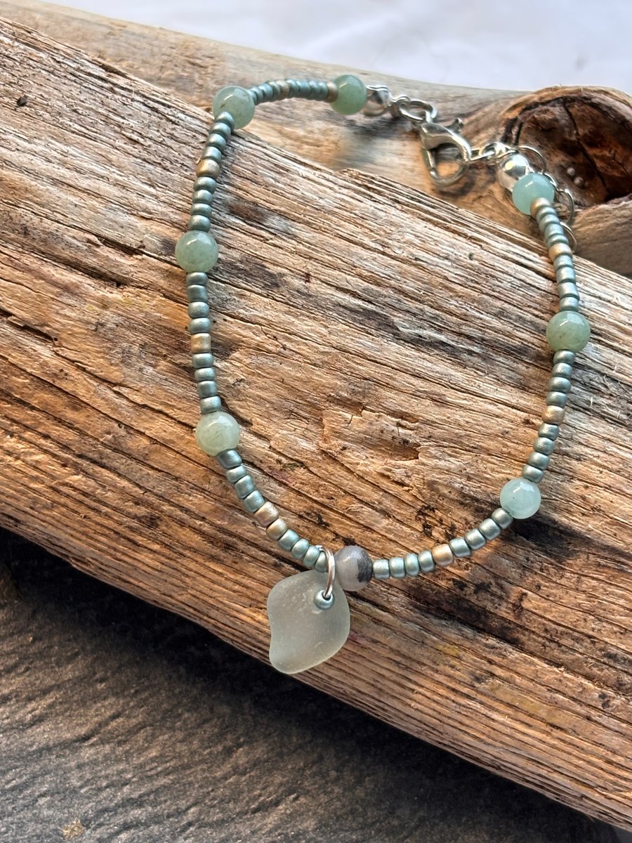 Bracelet - Seaglass, seed beads and amazonite