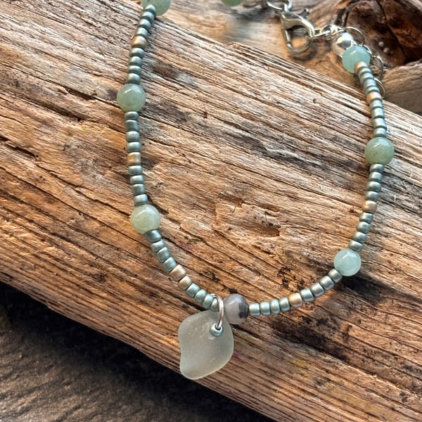 Bracelet - Seaglass, seed beads and amazonite