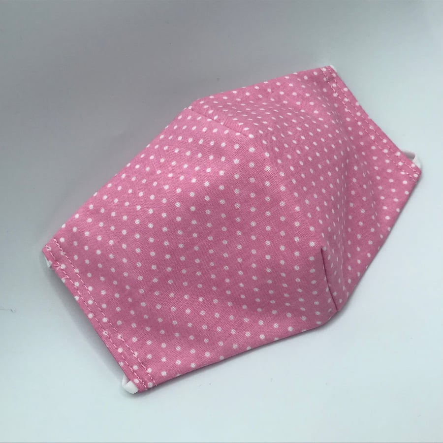 Pink Polka Dot Face Mask. Triple layered. 100 % Cotton Fabric.