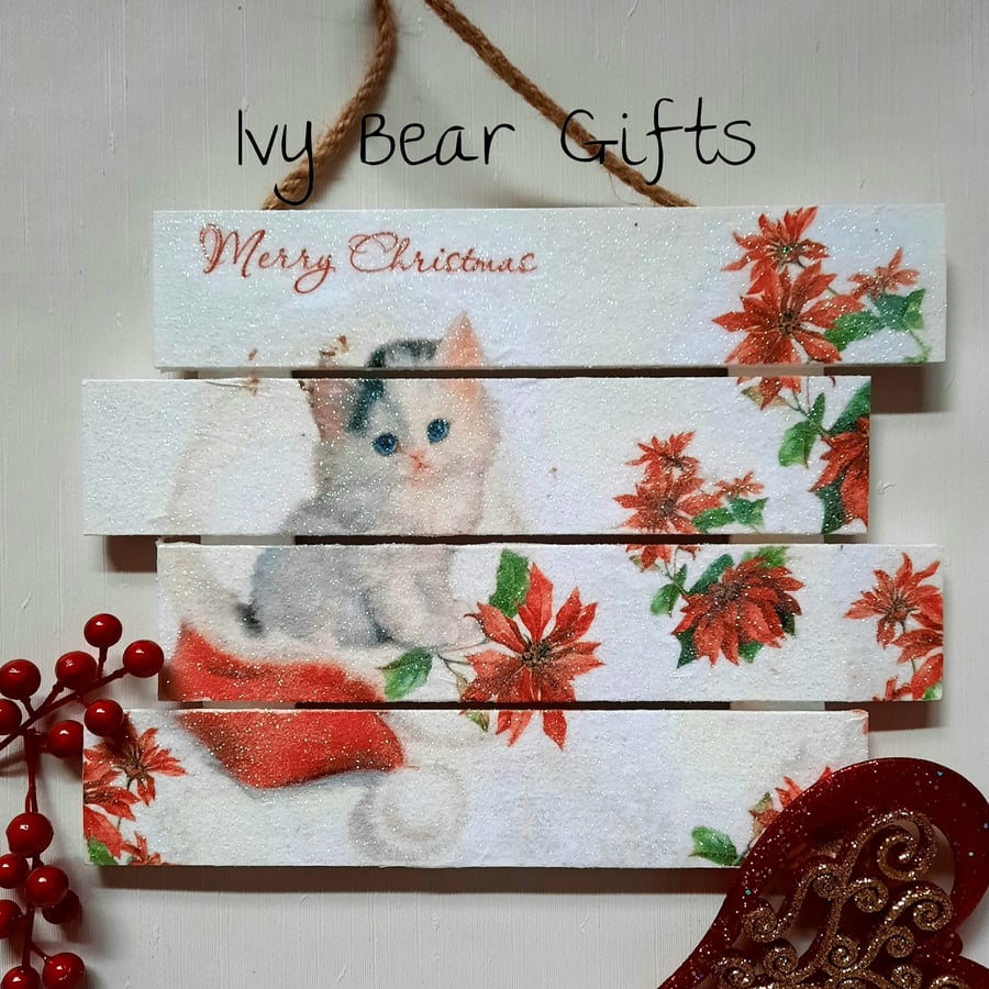 Cute Cat Christmas wall hanging with poinsettia flower