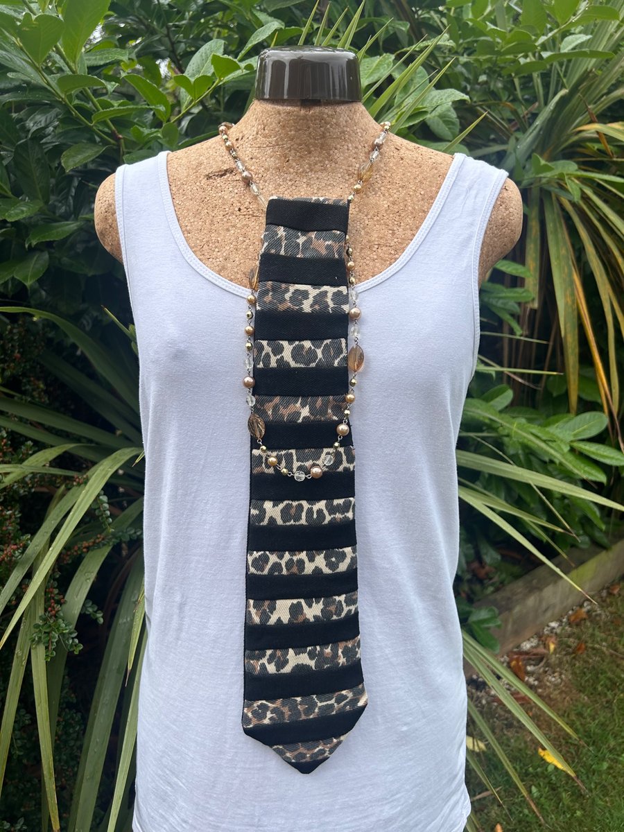 Leopard print denim tie - Upcycled - Fashion accessory 