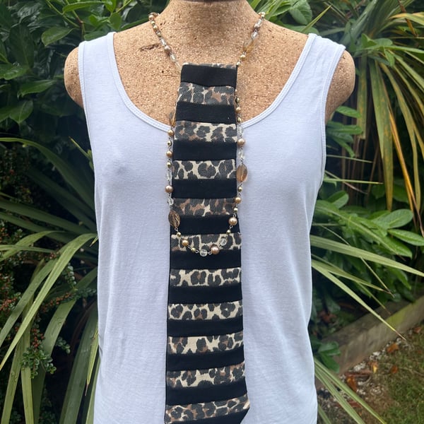 Leopard print denim tie - Upcycled - Fashion accessory 