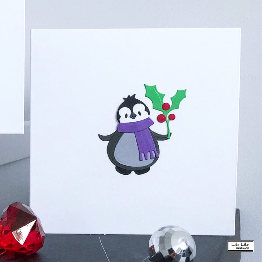 Penguin Christmas Card (purple scarf)  by Lily Lily Handmade 