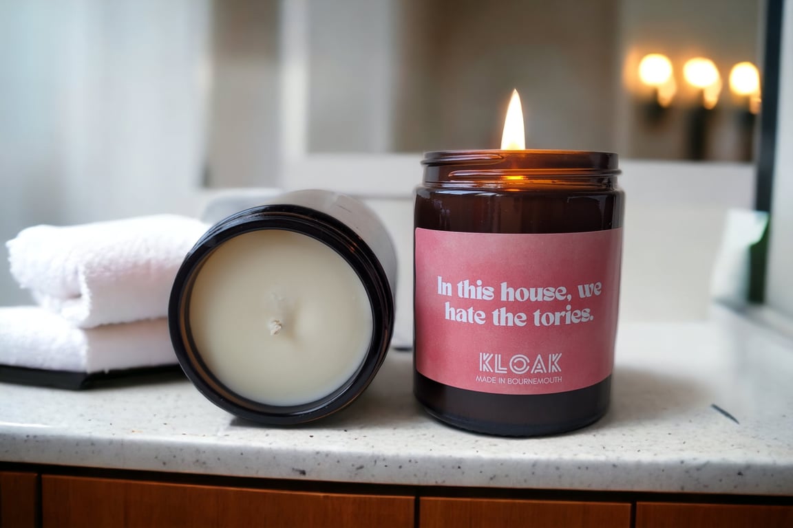 In this house, we hate the tories candle