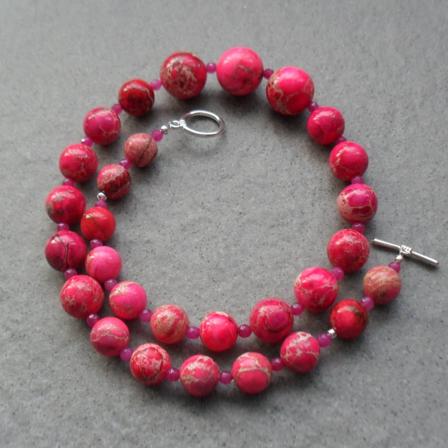 Pink Terra Jasper Beaded Necklace Silver Plate