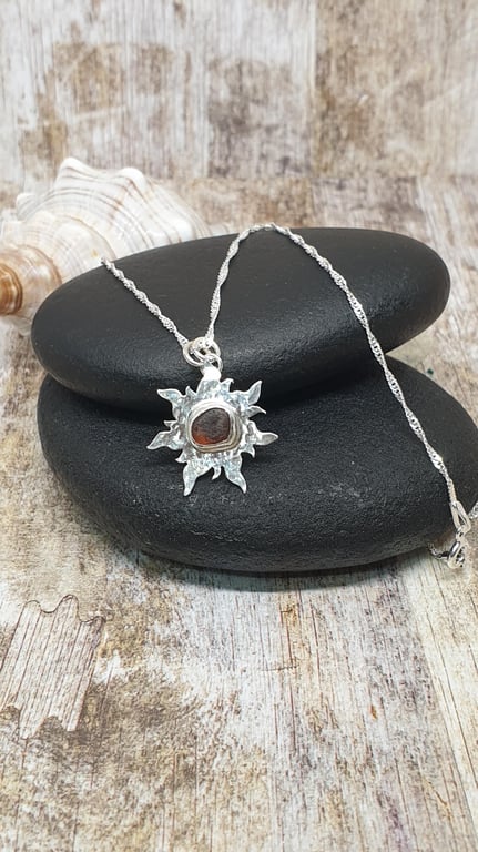 Seaham Seaglass Mini Textured Sun Pendant Necklace Sterling Silver 925 Handmade 