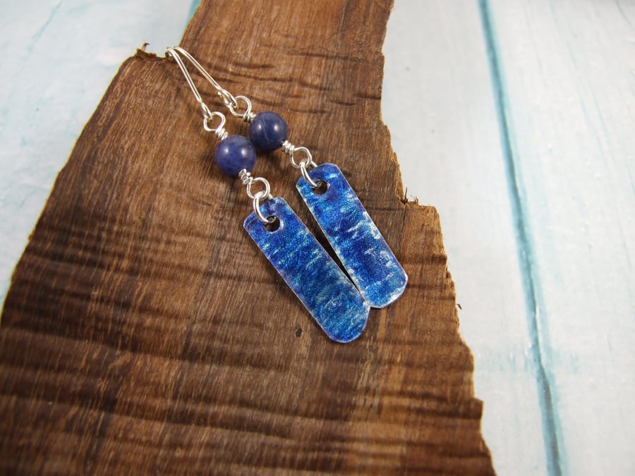 Earrings, Sterling Silver, Blue Ink and Resin Long Bar Drops with Lapis Lazuli